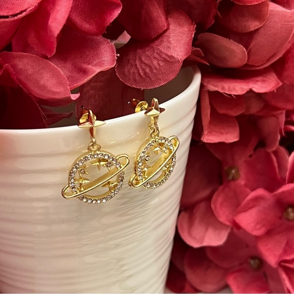 Crystal Planet Saturn and Gold Stars Dangle Earrings - Picture 10 of 16